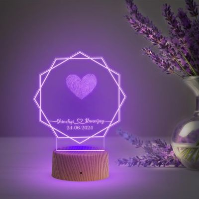 Personalized Hexagon Shape Couple Fingerprint Night Lamp with Multicolored Light Customized Name & Date Gift for Anniversary, Birthday, Wedding, Engagement & Newly Married Couple