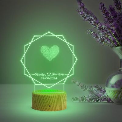 Personalized Hexagon Shape Couple Fingerprint Night Lamp with Multicolored Light Customized Name & Date Gift for Anniversary, Birthday, Wedding, Engagement & Newly Married Couple
