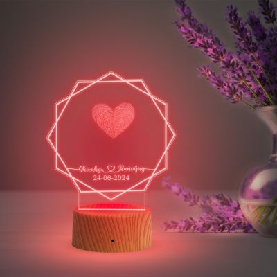 Personalized Hexagon Shape Couple Fingerprint Night Lamp with Multicolored Light Customized Name & Date Gift for Anniversary, Birthday, Wedding, Engagement & Newly Married Couple