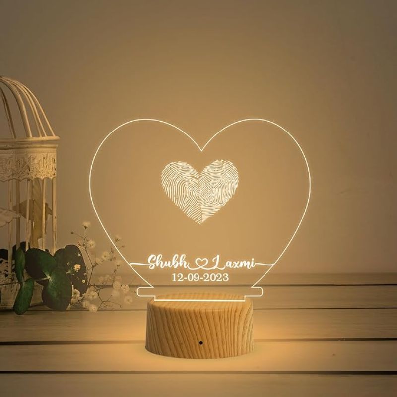 Personalized Heart Shape Couple Fingerprint Night Lamp with Warm White Light Customized Name & Date Gift for Anniversary, Birthday, Wedding, Engagement & Newly Married Couple