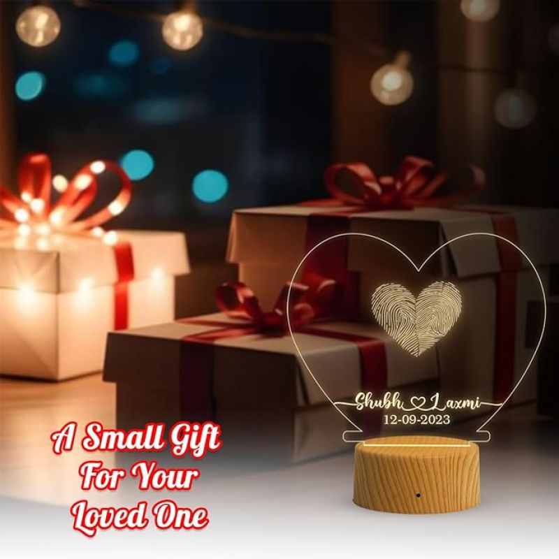 Personalized Heart Shape Couple Fingerprint Night Lamp with Warm White Light Customized Name & Date Gift for Anniversary, Birthday, Wedding, Engagement & Newly Married Couple
