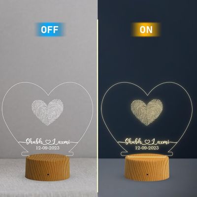 Personalized Heart Shape Couple Fingerprint Night Lamp with Warm White Light Customized Name & Date Gift for Anniversary, Birthday, Wedding, Engagement & Newly Married Couple