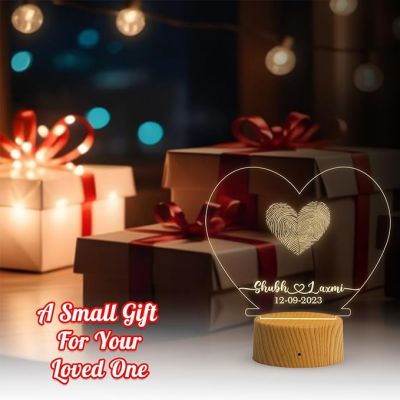 Personalized Heart Shape Couple Fingerprint Night Lamp with Warm White Light Customized Name & Date Gift for Anniversary, Birthday, Wedding, Engagement & Newly Married Couple
