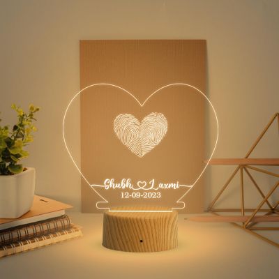 Personalized Heart Shape Couple Fingerprint Night Lamp with Warm White Light Customized Name & Date Gift for Anniversary, Birthday, Wedding, Engagement & Newly Married Couple