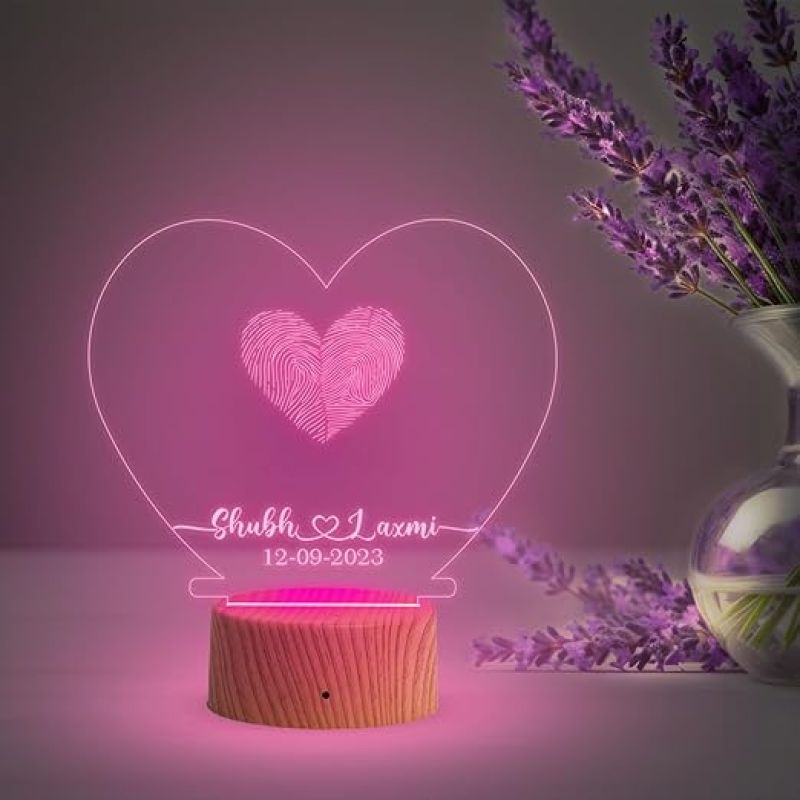 Personalized Heart Shape Couple Fingerprint Night Lamp with Multicolored Light Customized Name & Date Gift for Anniversary, Birthday, Wedding, Engagement & Newly Married Couple