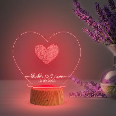 Personalized Heart Shape Couple Fingerprint Night Lamp with Multicolored Light Customized Name & Date Gift for Anniversary, Birthday, Wedding, Engagement & Newly Married Couple