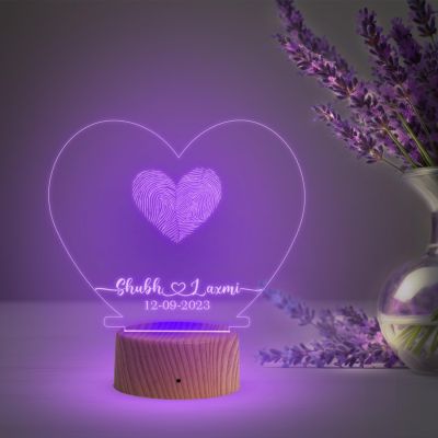 Personalized Heart Shape Couple Fingerprint Night Lamp with Multicolored Light Customized Name & Date Gift for Anniversary, Birthday, Wedding, Engagement & Newly Married Couple