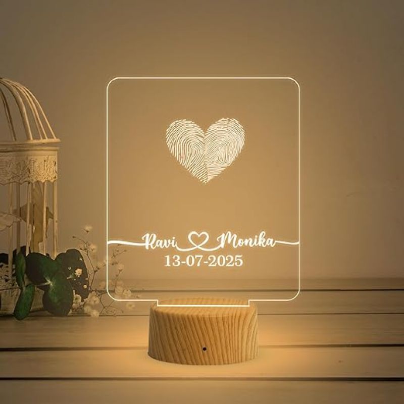 Personalized Sqaure Shape Couple Fingerprint Night Lamp with Warm White Light Customized Name & Date Gift for Anniversary, Birthday, Wedding, Engagement & Newly Married Couple