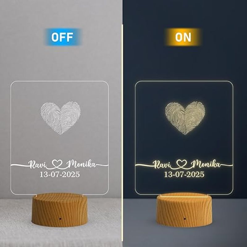 Personalized Sqaure Shape Couple Fingerprint Night Lamp with Warm White Light Customized Name & Date Gift for Anniversary, Birthday, Wedding, Engagement & Newly Married Couple