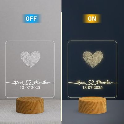Personalized Sqaure Shape Couple Fingerprint Night Lamp with Warm White Light Customized Name & Date Gift for Anniversary, Birthday, Wedding, Engagement & Newly Married Couple