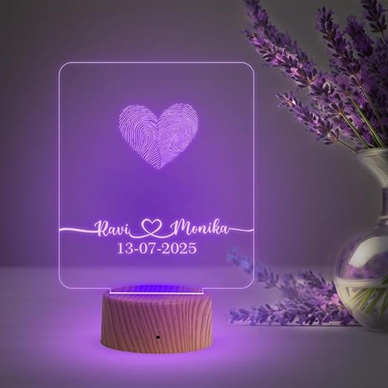 Personalized Sqaure Shape Couple Fingerprint Night Lamp with Multicolored Light Customized Name & Date Gift for Anniversary, Birthday, Wedding, Engagement & Newly Married Couple