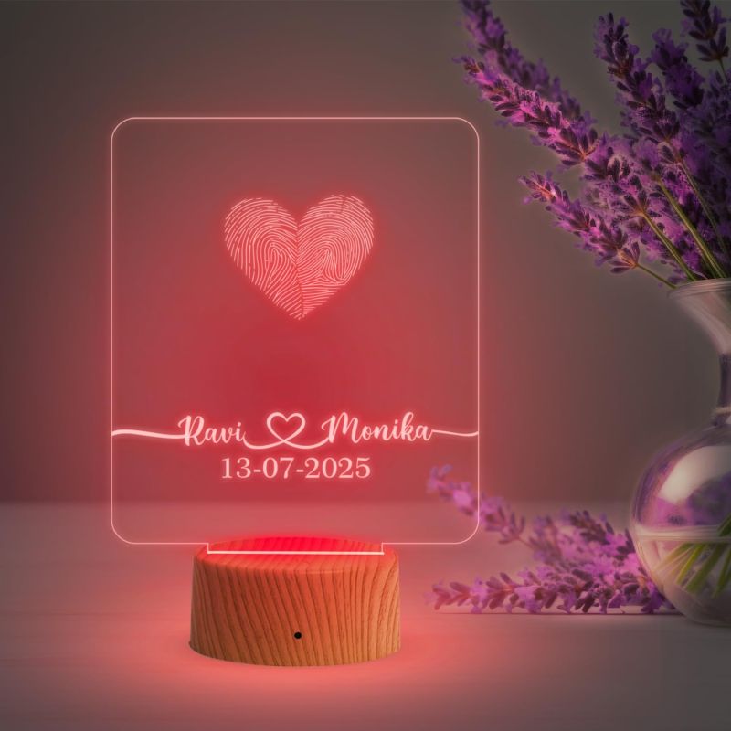 Personalized Sqaure Shape Couple Fingerprint Night Lamp with Multicolored Light Customized Name & Date Gift for Anniversary, Birthday, Wedding, Engagement & Newly Married Couple
