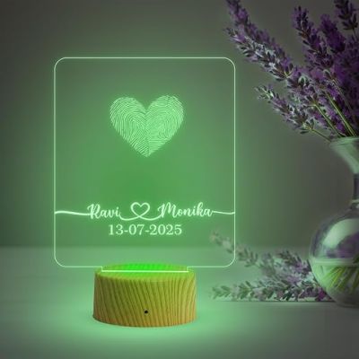 Personalized Sqaure Shape Couple Fingerprint Night Lamp with Multicolored Light Customized Name & Date Gift for Anniversary, Birthday, Wedding, Engagement & Newly Married Couple