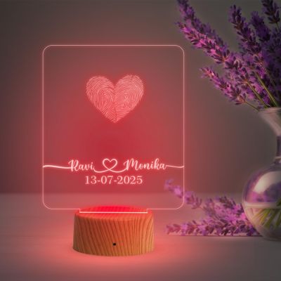 Personalized Sqaure Shape Couple Fingerprint Night Lamp with Multicolored Light Customized Name & Date Gift for Anniversary, Birthday, Wedding, Engagement & Newly Married Couple