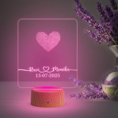Personalized Sqaure Shape Couple Fingerprint Night Lamp with Multicolored Light Customized Name & Date Gift for Anniversary, Birthday, Wedding, Engagement & Newly Married Couple