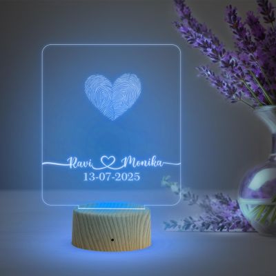 Personalized Sqaure Shape Couple Fingerprint Night Lamp with Multicolored Light Customized Name & Date Gift for Anniversary, Birthday, Wedding, Engagement & Newly Married Couple