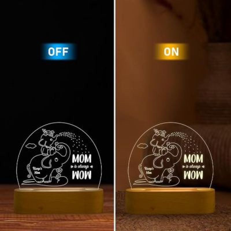 Mom is Always Wow Elephant Design Night Lamp with Warm White Light Customized with Name Birthday Gift for Mom Kids Room Decor