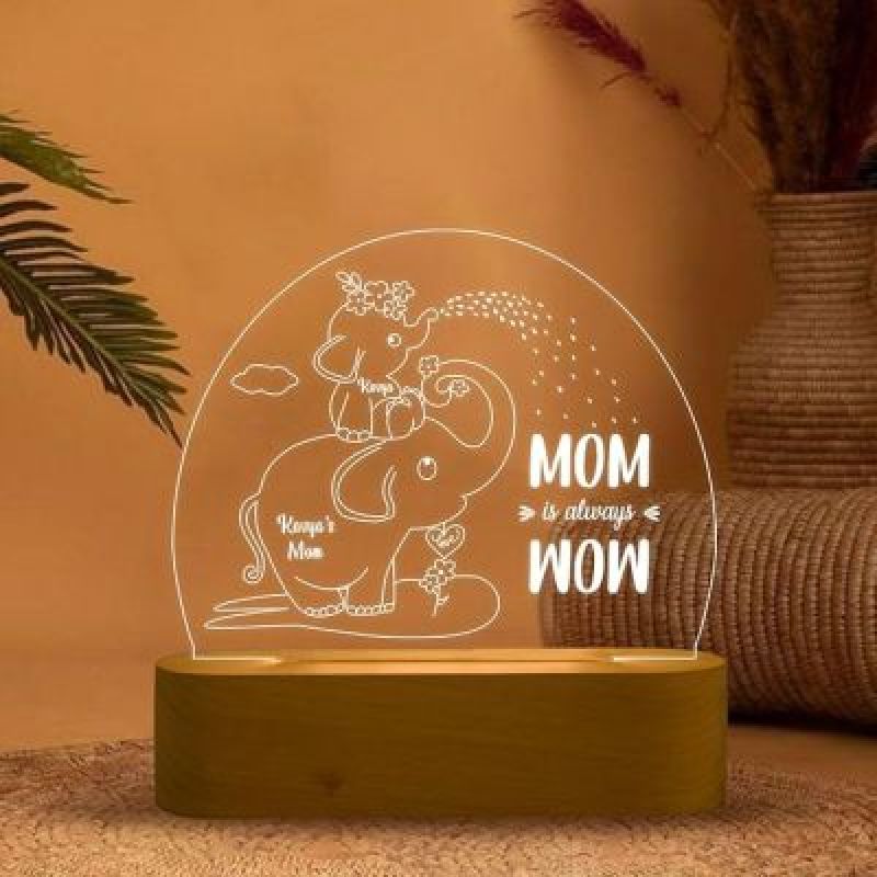 Mom is Always Wow Elephant Design Night Lamp with Warm White Light Customized with Name Birthday Gift for Mom Kids Room Decor