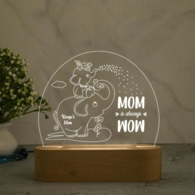 Mom is Always Wow Elephant Design Night Lamp with Warm White Light Customized with Name Birthday Gift for Mom Kids Room Decor
