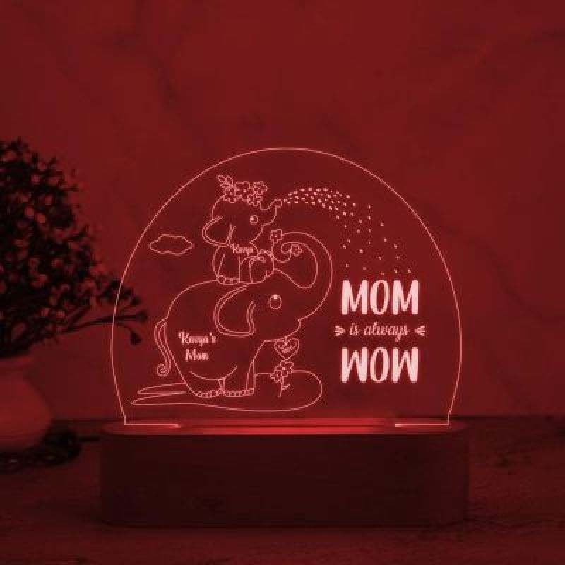 Mom is Always Wow Elephant Design Night Lamp with Multicolored Light Customized with Name Birthday Gift for Mom Kids Room Decor