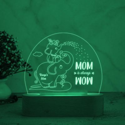 Mom is Always Wow Elephant Design Night Lamp with Multicolored Light Customized with Name Birthday Gift for Mom Kids Room Decor