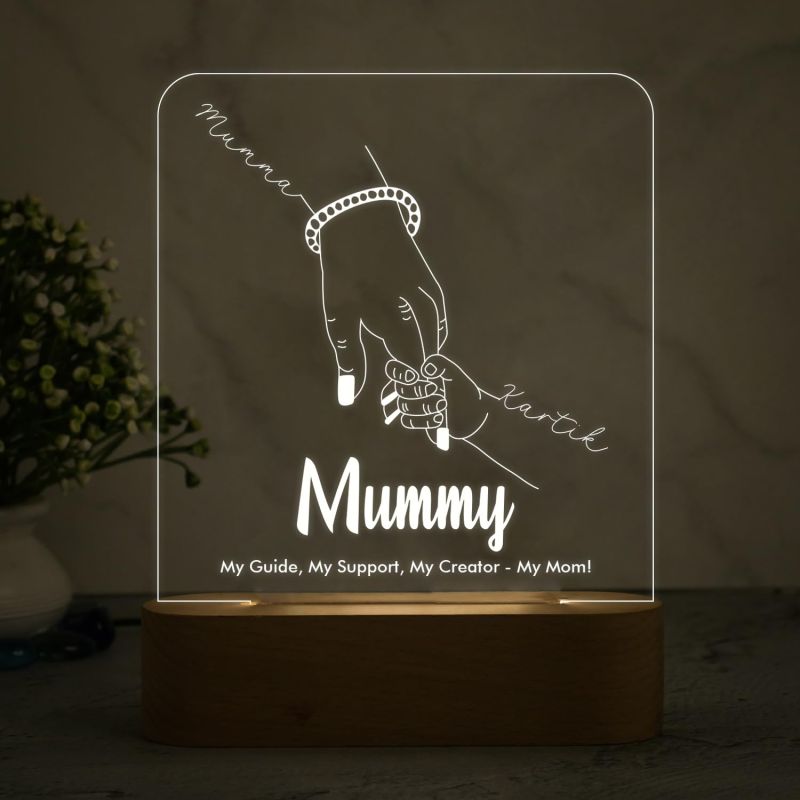 Mummy Son Holding Hand Night Lamp with Warm White Light Customized Name & Message Memorable Birthday Gift for Mom, Express Love for Mom Gift for Mother's Day