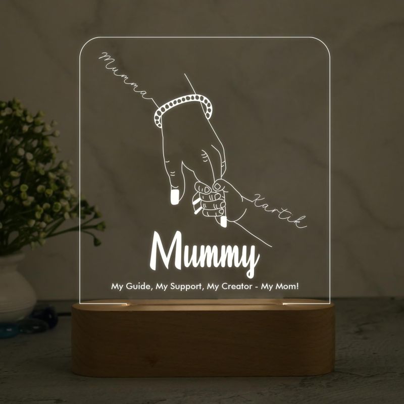 Mummy Son Holding Hand Night Lamp with Warm White Light Customized Name & Message Memorable Birthday Gift for Mom, Express Love for Mom Gift for Mother's Day