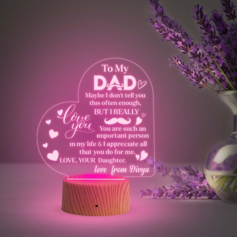 To My Dad Heart Design Night Lamp with Multicolored Light Customized Name Birthday Birthday Gift for Dad from Daughter Son Gift for Fathers Day & Home decor