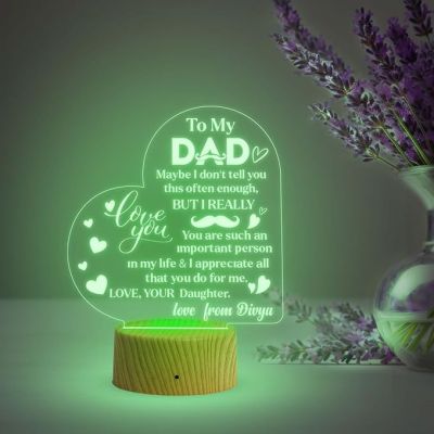To My Dad Heart Design Night Lamp with Multicolored Light Customized Name Birthday Birthday Gift for Dad from Daughter Son Gift for Fathers Day & Home decor