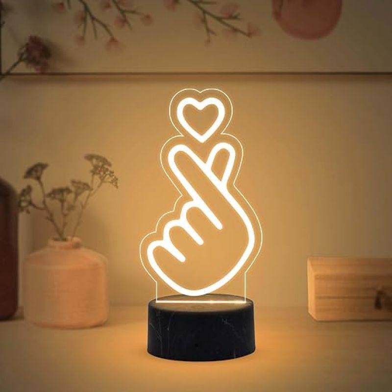 3D Illusion Finger Heart Night Lamp with Warm White Light Birthday Gift for Friend, Kids, Girls Room Decor