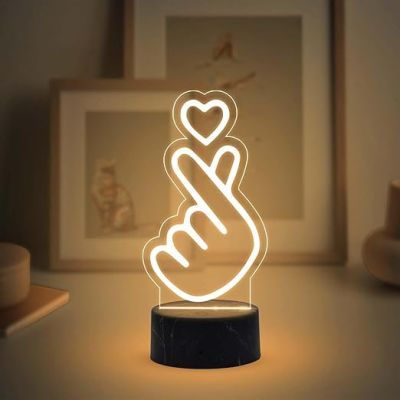 3D Illusion Finger Heart Night Lamp with Warm White Light Birthday Gift for Friend, Kids, Girls Room Decor