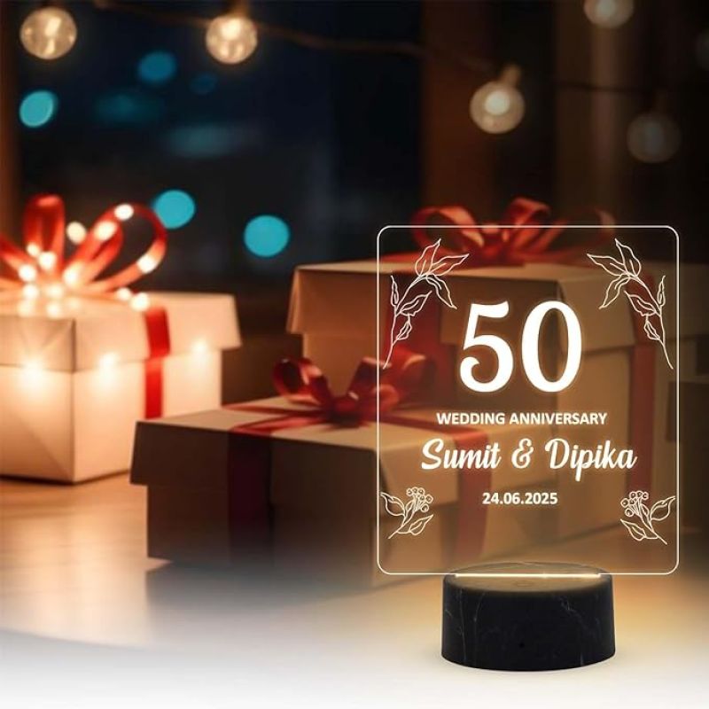 50 Wedding Anniversary Night Lamp with Warm White Light Customized Name Date Anniversary Gift for Mom & Dad, Friends, Bhaiya & Bhabhi