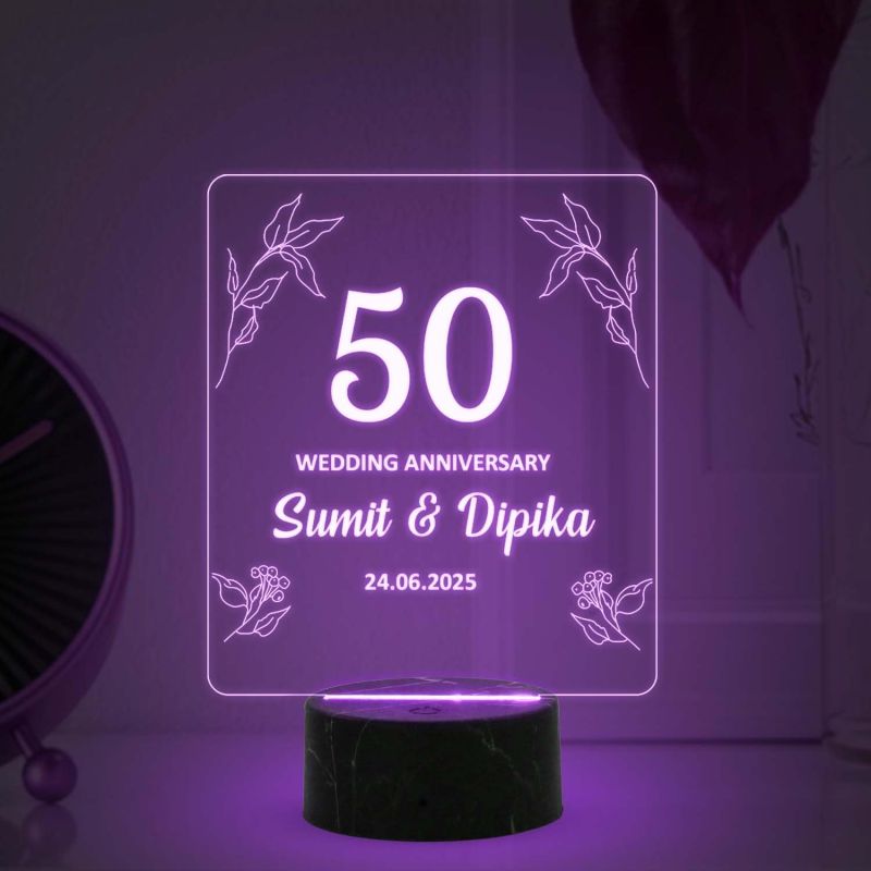 50 Wedding Anniversary Night Lamp with Multicolored Light Customized Name Date Anniversary Gift for Mom & Dad, Friends, Bhaiya & Bhabhi