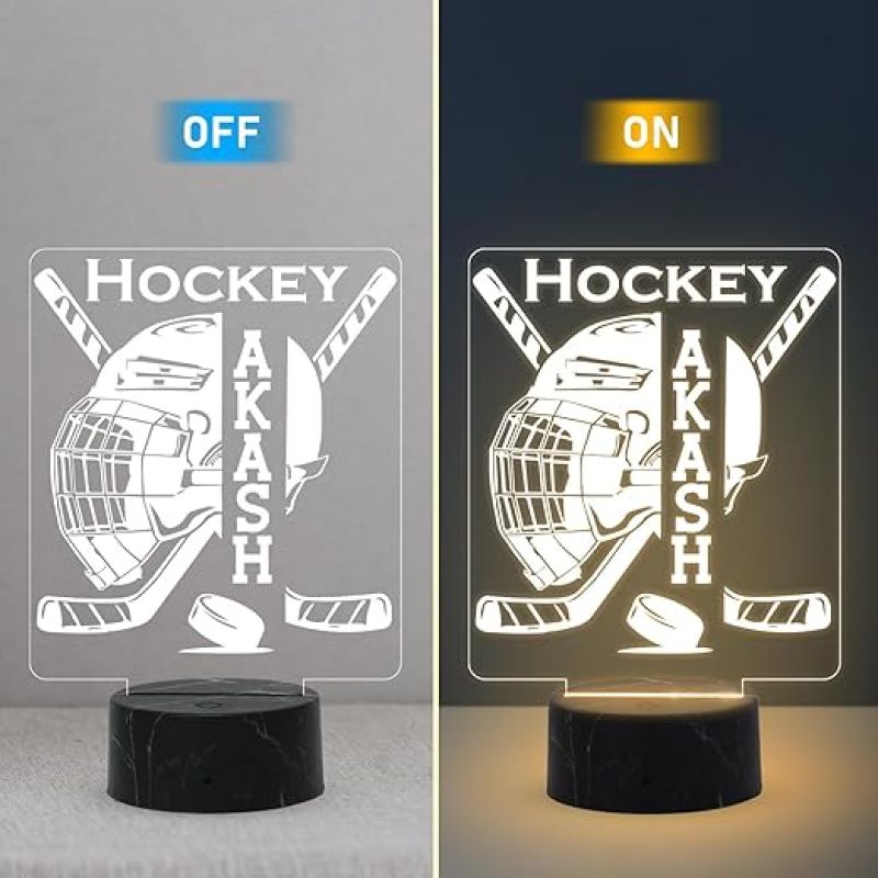 3D Illusion Hockey Sport Night Lamp with Warm White Light Customized with Name Birthday Gift for Friend, Sport Player, Hockey Lover