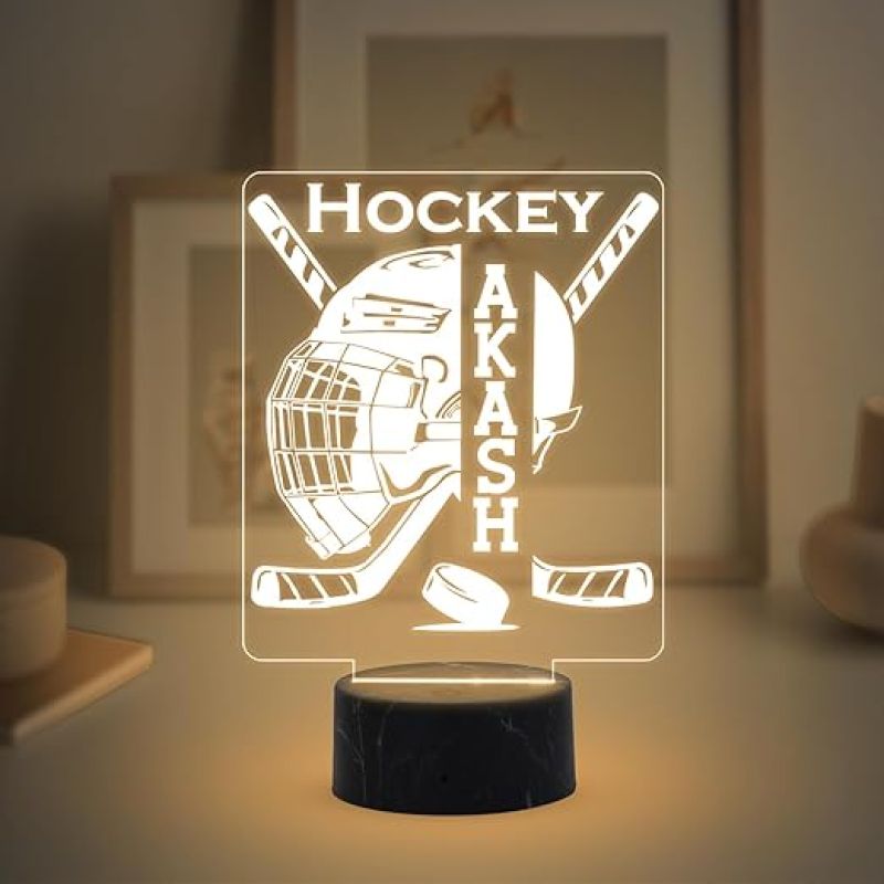3D Illusion Hockey Sport Night Lamp with Warm White Light Customized with Name Birthday Gift for Friend, Sport Player, Hockey Lover