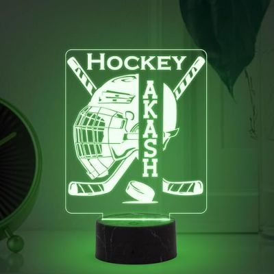 3D Illusion Hockey Sport Night Lamp with Multicolored Light Customized with Name Birthday Gift for Friend, Sport Player, Hockey Lover