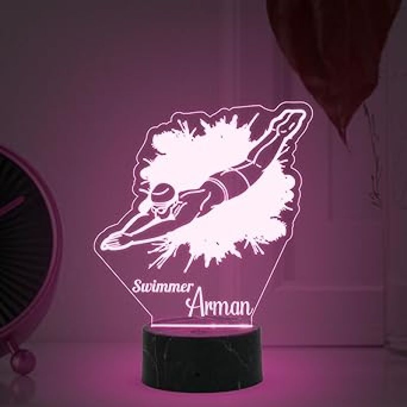 3D Illusion Swimmer Sport Night Lamp with Multicolored Light Customized with Name Birthday Gift for Friend, Sport Player, Swimming Champion