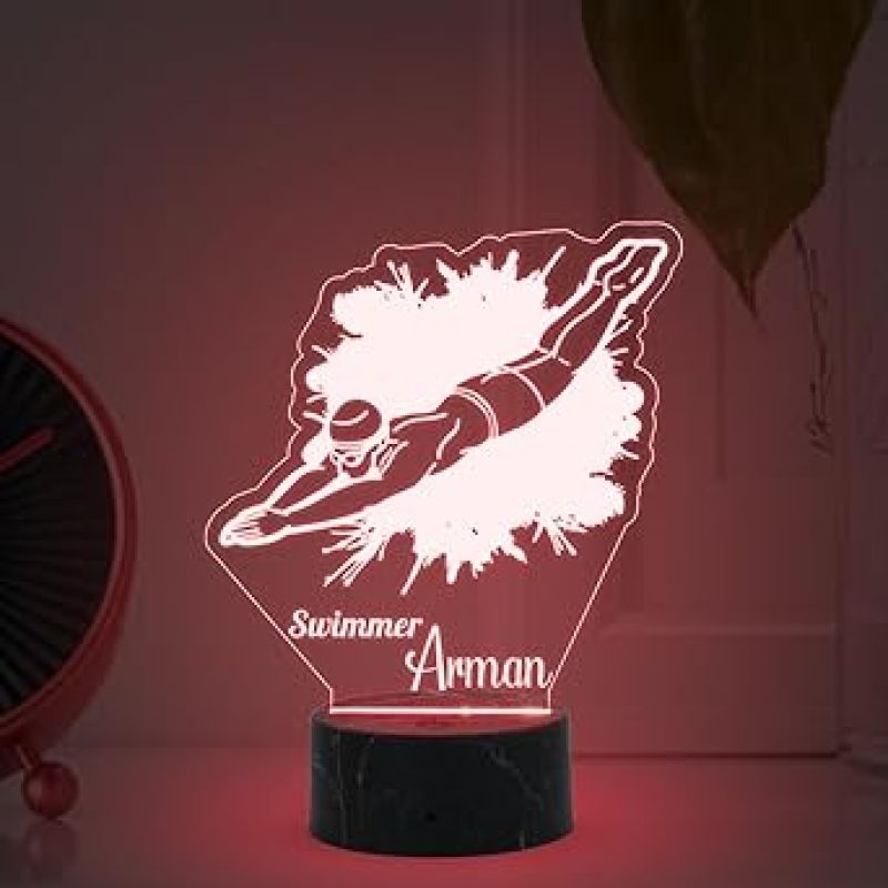 3D Illusion Swimmer Sport Night Lamp with Multicolored Light Customized with Name Birthday Gift for Friend, Sport Player, Swimming Champion