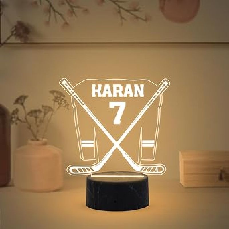 3D Illusion Hockey Stick with Jersey Sport Night Lamp with Warm White Light Customized with Name Birthday Gift for Friend, Hockey Player, Sport Lover