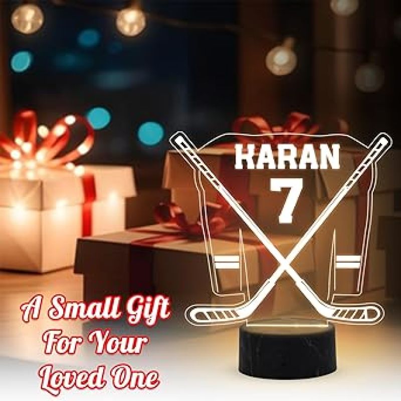 3D Illusion Hockey Stick with Jersey Sport Night Lamp with Warm White Light Customized with Name Birthday Gift for Friend, Hockey Player, Sport Lover
