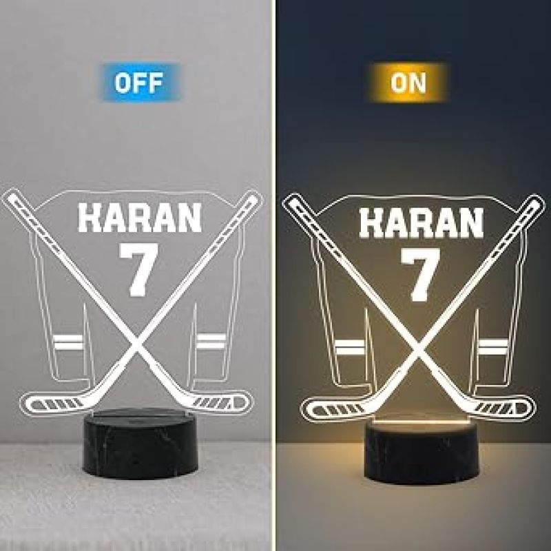 3D Illusion Hockey Stick with Jersey Sport Night Lamp with Warm White Light Customized with Name Birthday Gift for Friend, Hockey Player, Sport Lover