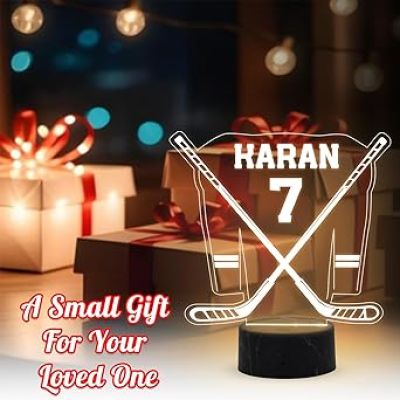 3D Illusion Hockey Stick with Jersey Sport Night Lamp with Warm White Light Customized with Name Birthday Gift for Friend, Hockey Player, Sport Lover