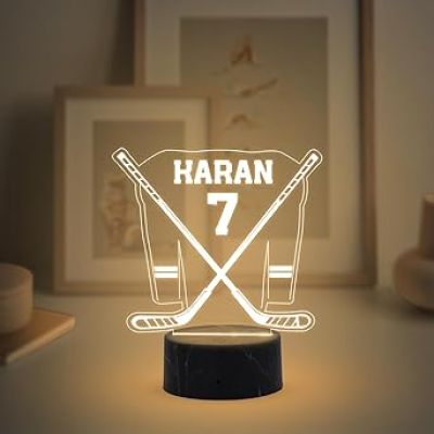 3D Illusion Hockey Stick with Jersey Sport Night Lamp with Warm White Light Customized with Name Birthday Gift for Friend, Hockey Player, Sport Lover