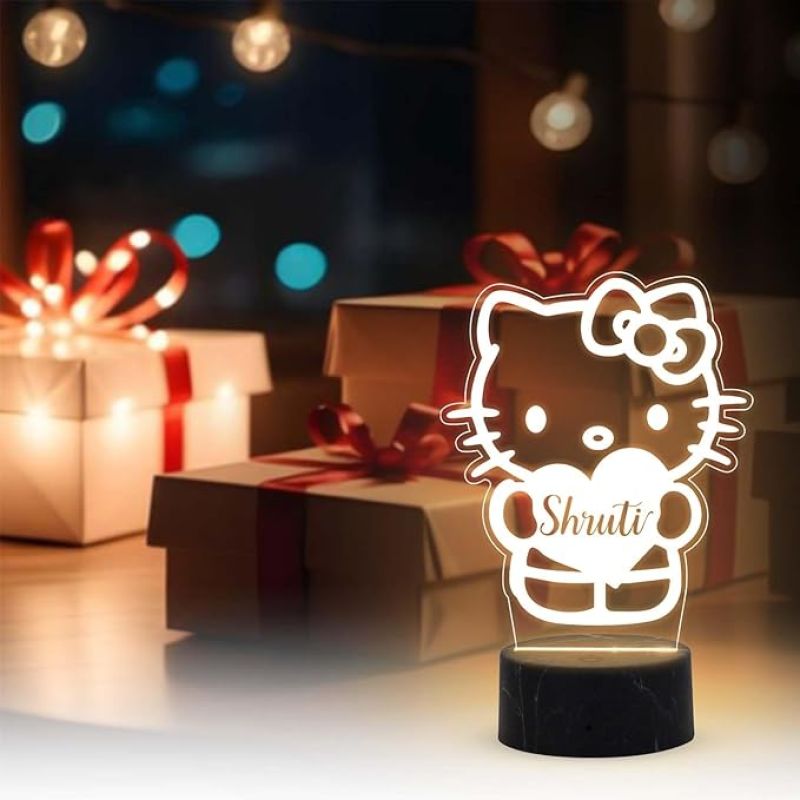 3D Illusion Hello Kitty Night Lamp with Warm White Light Customized Name Birthday & Return Gift for Girl Kids & Room Decor
