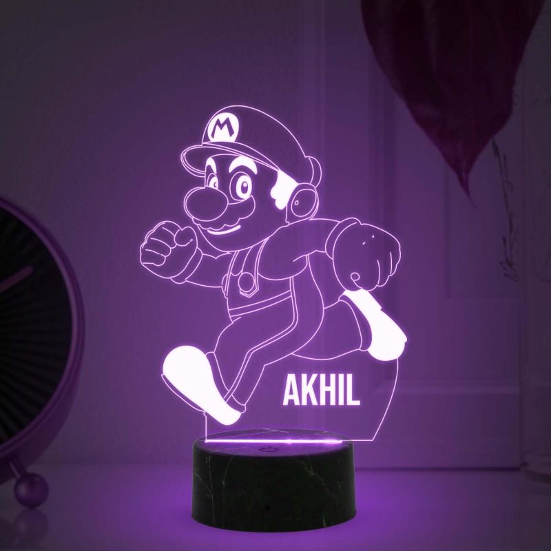 3D Illusion Mario Cartoon Character's Night Lamp Automatic Color Changing Light Customized Name Best Birthday Gift for Children Girls Boys Kids Room Decor