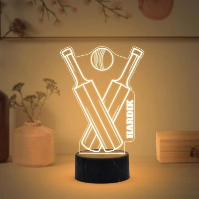 3D Illusion Cricket Bat Ball Night Lamp with Warm White Light Customized with Name Birthday Gift for Cricket Player & Lover