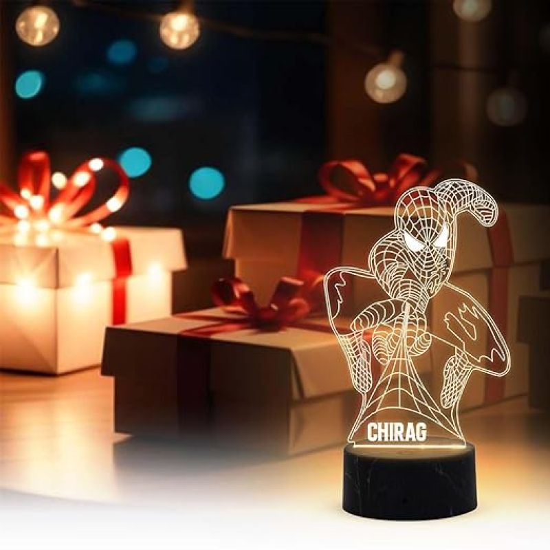 3D Illusion Spiderman Night Lamp with Warm White Light Customized with Name Birthday Gift for Spiderman Fan Gift for Avengers Lover & Boy Room Decoration