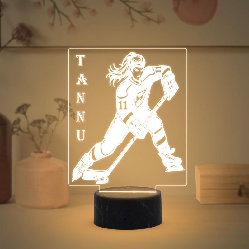 Girl Hockey Player Night Lamp with Warm White Light Customized Name Gift for Hockey Player Lamp for Sports Lovers Gift for Home & Gaming Room Decor Light