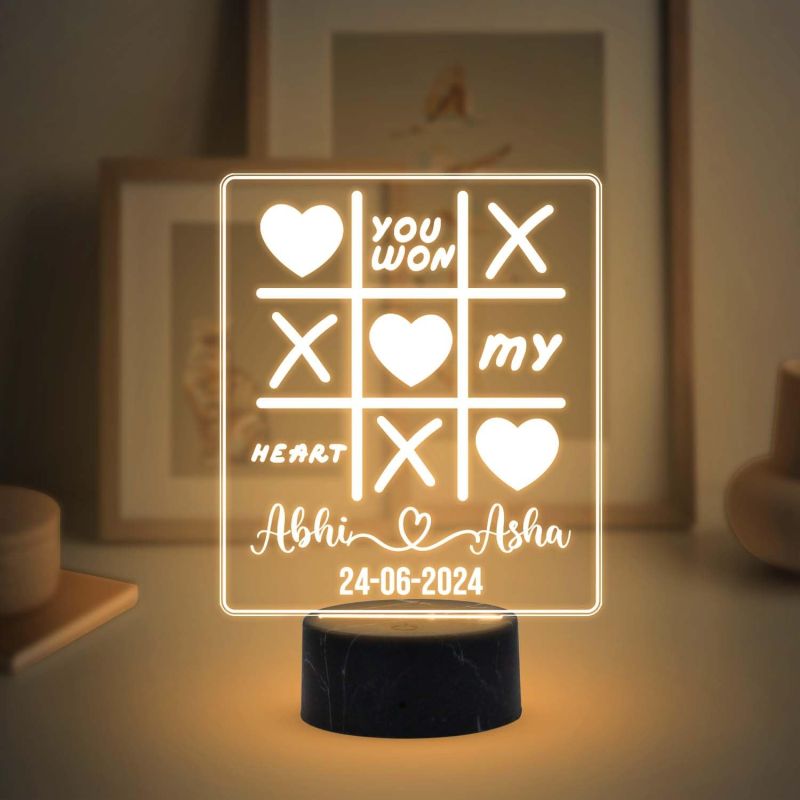 Personalized You Won My Heart Tic Tac Toe Design Night Lamp with Warm White Light Customized with Name & Date Birthday Gift for Wife, Husband, Girlfriend, Boyfriend & Anniversary Gift for Couple