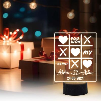 Personalized You Won My Heart Tic Tac Toe Design Night Lamp with Warm White Light Customized with Name & Date Birthday Gift for Wife, Husband, Girlfriend, Boyfriend & Anniversary Gift for Couple